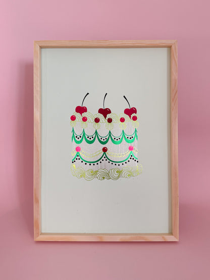 Merry Cherry Cake Foiled Print