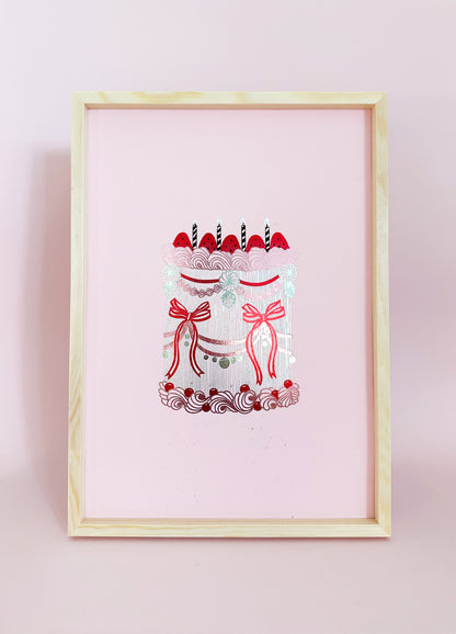 Red Ribbon Cake A5 Foiled Print